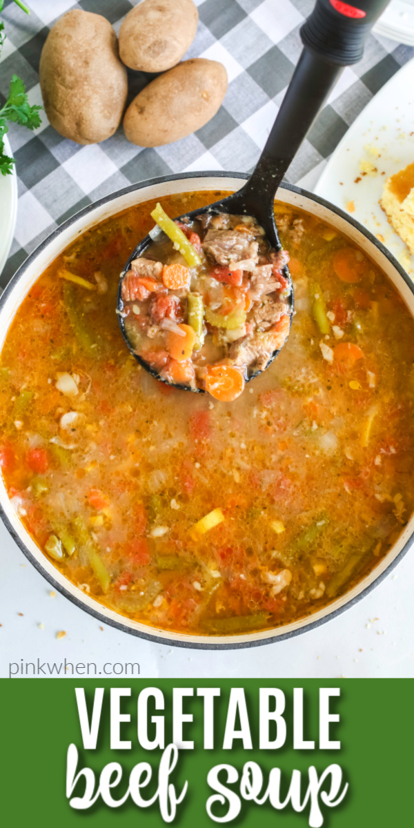 Vegetable Beef Soup is a hearty and delicious filling soup made with boneless beef short ribs, elbow macaroni, and is loaded with vegetables, seasonings, and packed full of mouthwatering flavors. Perfectly served with delicious skillet cornbread.