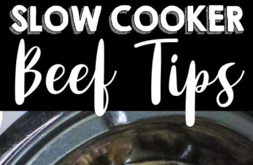 Slow Cooker Beef Tips in a Crock Pot with a wooden spoon.