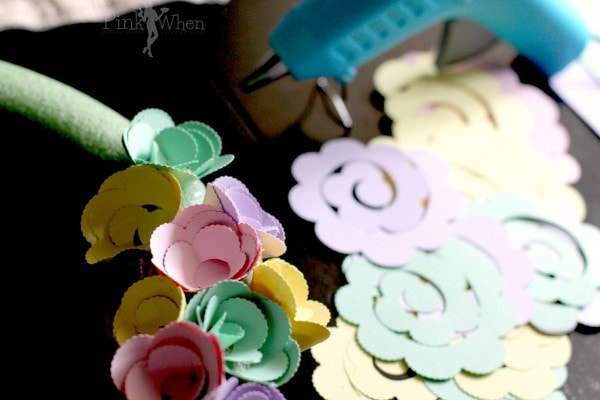 Spring Paper Flower Wreath Attaching Flowers