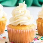 Fresh old fashioned vanilla buttercream frosting on a cupcake.