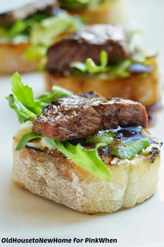 Balsamic Beef Crostini with Herbed Cheese and Arugula