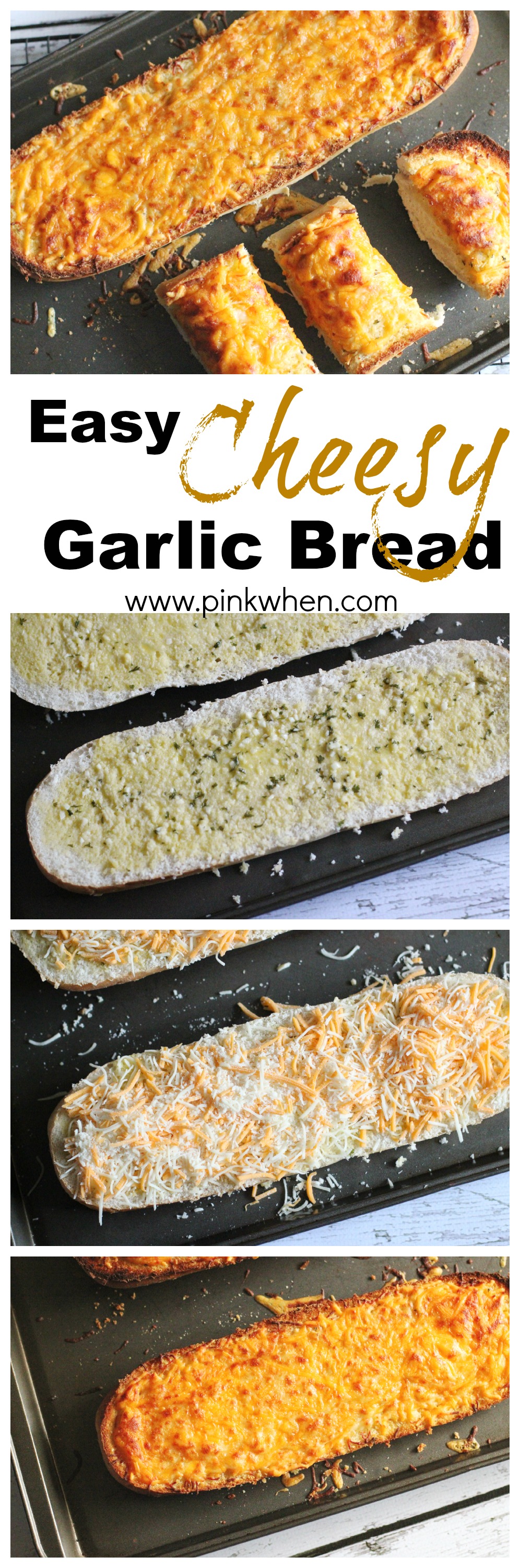 We use 3 kinds of cheeses to turn plain french bread into a piece of delicious cheesy garlic bread. Baked to perfection, it's the perfect addition to any meal. #garlicbread #cheesygarlicbread #cheesybread
