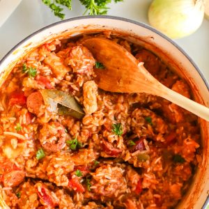 Chicken Jambalaya with sausage cooked and ready to serve
