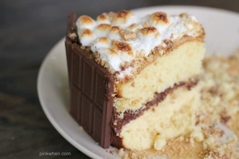 Sliced S'mores Cake on a white plate. 