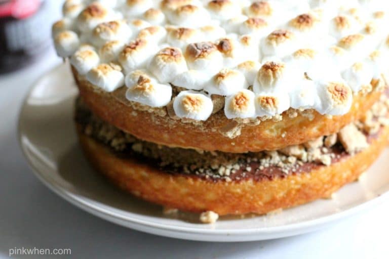 S'mores Cake stacked on a white plate. 