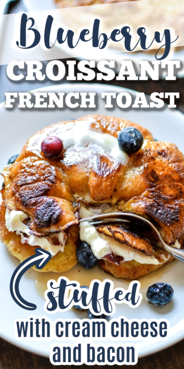 This Blueberry Stuffed Cream Cheese Croissant with Bacon is breakfast or brunch. Breakfast has never tasted so good, especially when it involves sweetened cream cheese, bacon, blueberries and french toast.