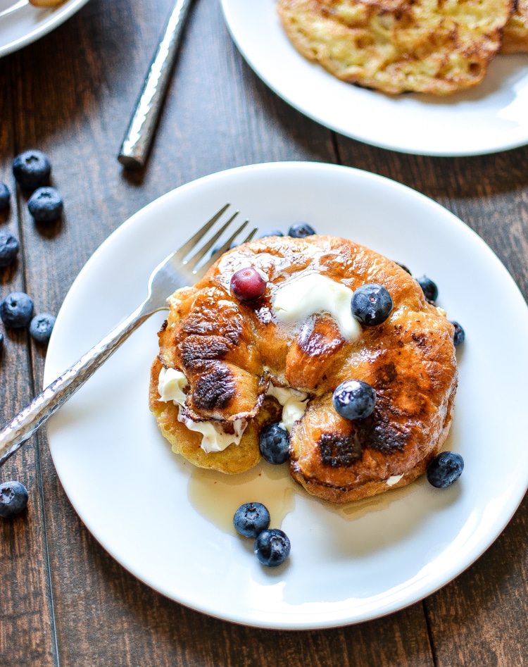 Decadent Blueberry Stuffed Croissant French Toast with Bacon. www.pinkwhen.com