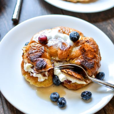Blueberry Stuffed Croissant French Toast with Bacon