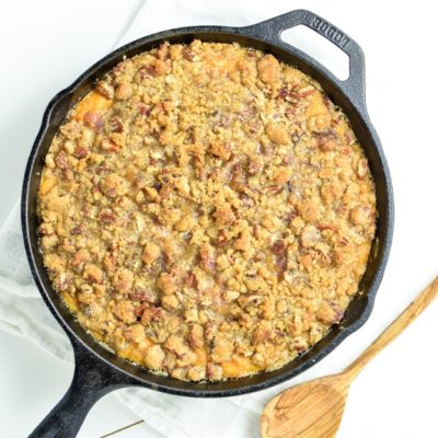 Skillet Sweet Potato Casserole with Bacon, Brown Sugar Crumble