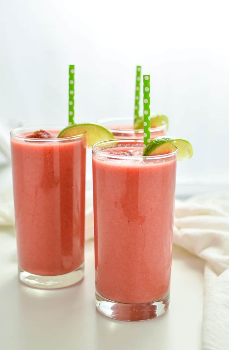Triple Berry Limeade Smoothies made with almond milk, and mixed berries.