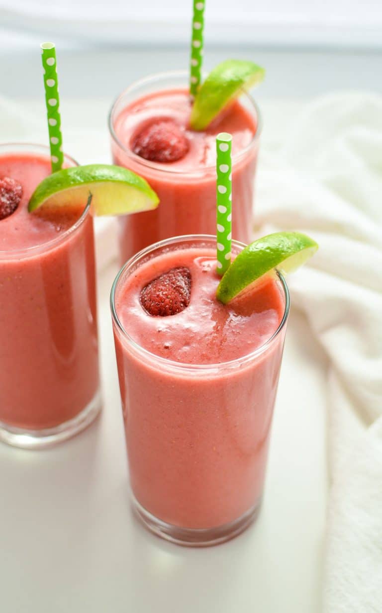 Triple Berry Limeade Smoothies made with almond milk, mixed berries, banana, and flax seed.