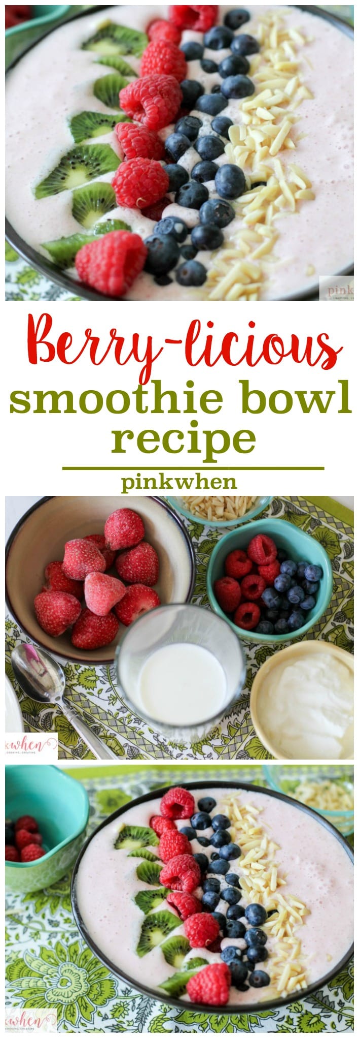 Berry-licious Smoothie Bowl Recipe made with real organic milk, greek yogurt, strawberries, almonds, blueberries, raspberries, and kiwi for a berry packed bowl with 25g of protein! @Milk #MyMorningProtein #MilkLife