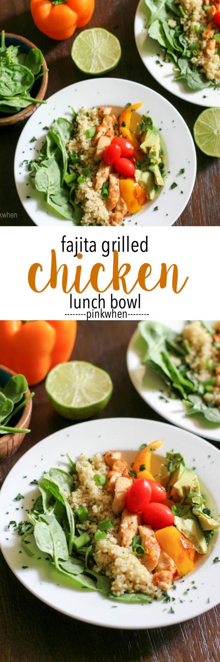Fajita Grilled Chicken Lunch Bowl - the most delicious lunch ever! Made with grilled fajita meat, avocado, bell peppers, cherry tomatoes, quinoa, and topped with a little cilantro.