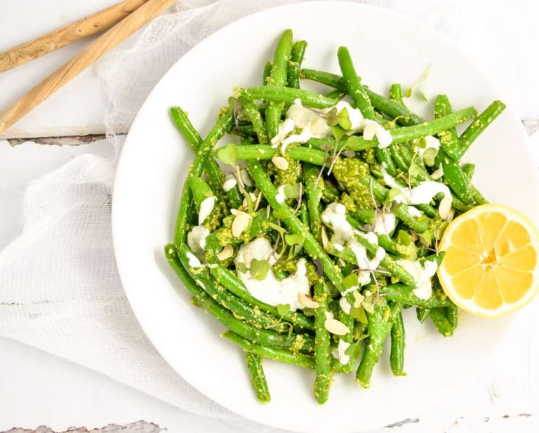 This snap pea and green bean salad with arugula pesto is summertime freshness on a plate. It's the perfect side dish for all of your outdoor gatherings!