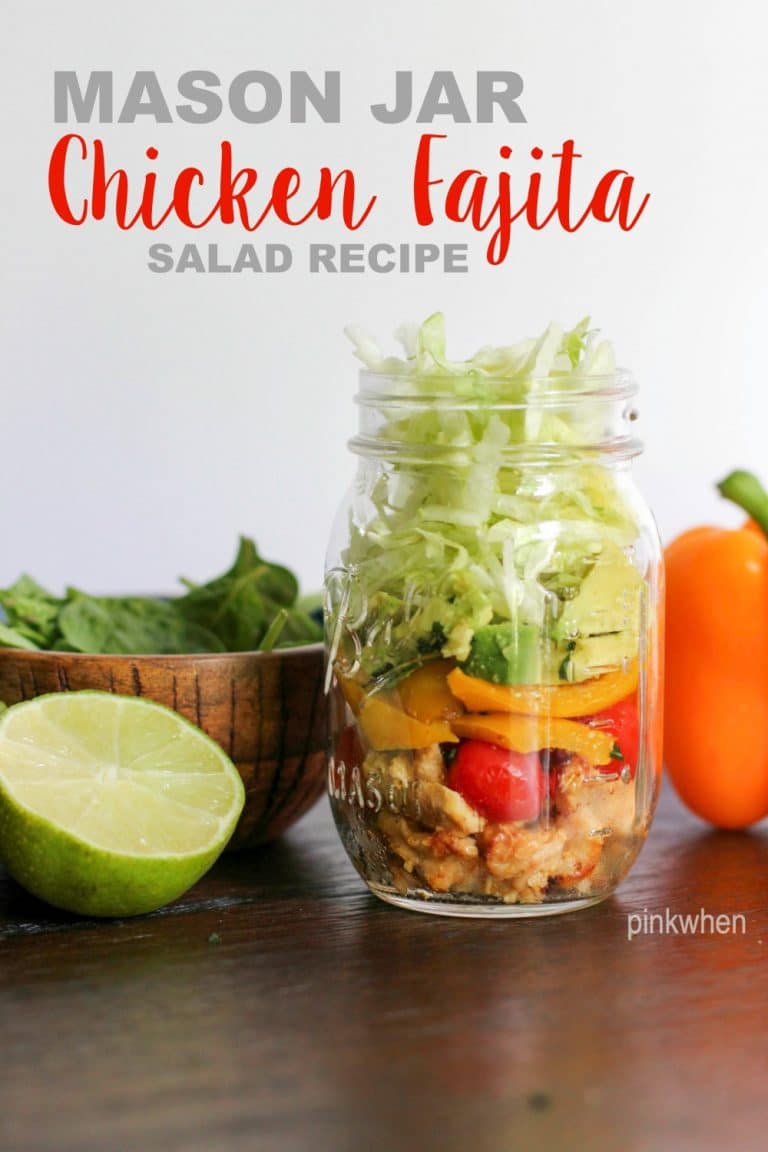 Mason Jar Chicken Fajita Salad made with seasoned chicken fajita meat, cherry tomatoes, sautéed bell peppers, avocado, green onions, and cilantro for a delicious Whole 30 and PALEO compliant meal. 
