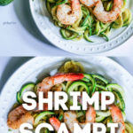 Shrimp Scampi Zoodles on a white plate with zucchini