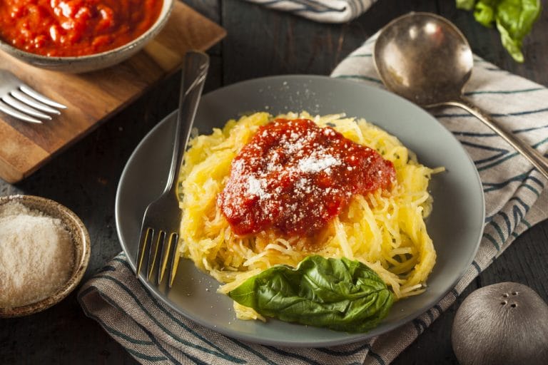 This low carb dinner of Spaghetti Squash & Tomato Basil Meat Sauce is both paleo and gluten free and chock full of amazing flavor. 