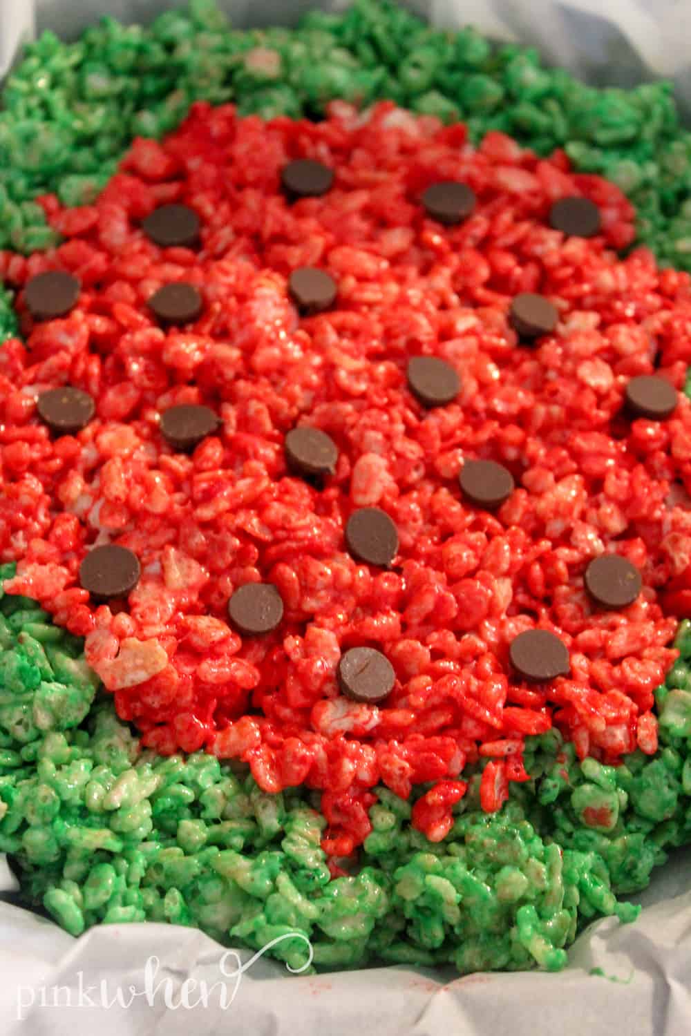 This is a new favorite no bake dessert that has been a hit in our household! These watermelon rice krispie treats are gooey, sweet, delicious, and so much fun! They are sure to be a huge hit with the kids and they will have a blast making them.
