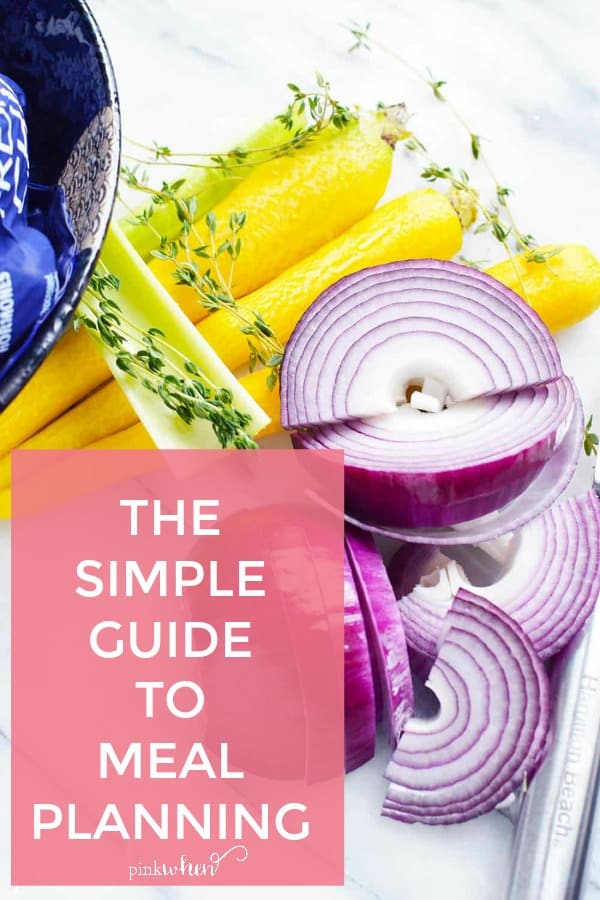 vegetables on a white cutting board with meal planning guide information 