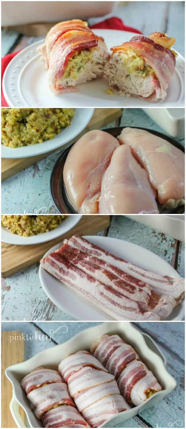 A collage of pictures with steps for bacon wrapped chicken