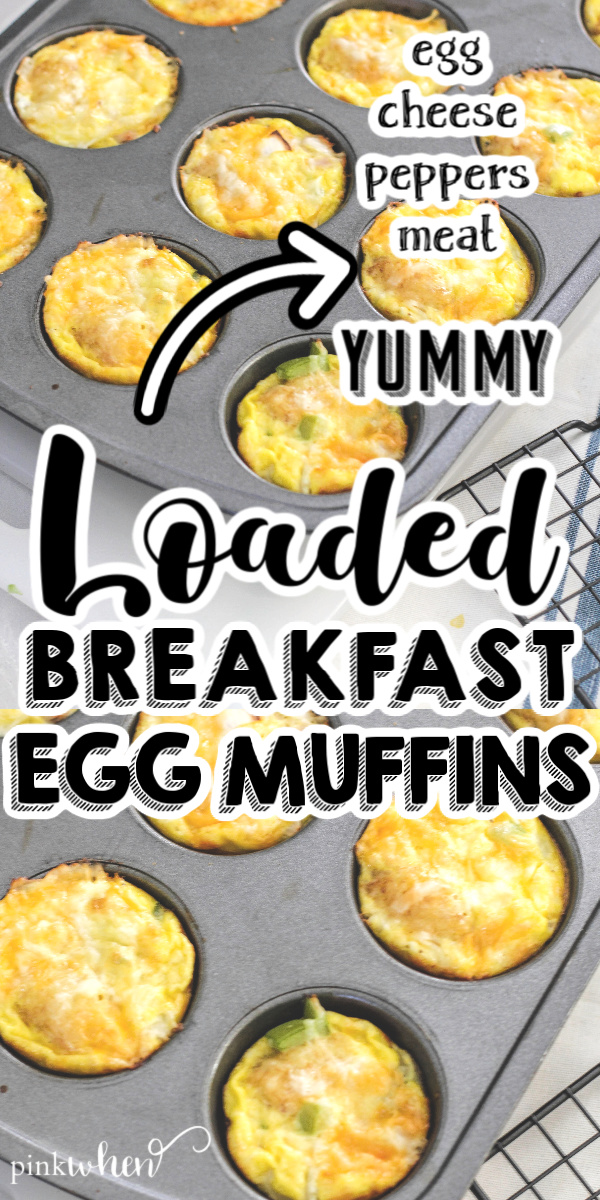 Collage of Breakfast muffins with eggs in a muffin tin.  