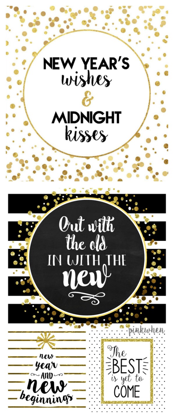 Happy New Years Free New Years Printables Pack in high resolution PDF downloads in black, white, and gold colors. 
