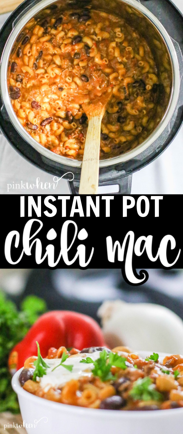 Instant Pot Chili Mac in the pressure cooker and with toppings for a photo collage. 