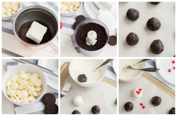 Step Instruction Collage of photos for making No Bake OREO Truffles