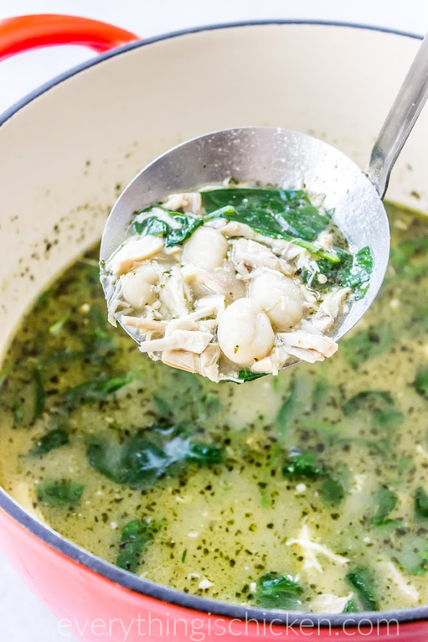 Chicken Gnocchi Soup recipe in a large bowl and with large serving spoon. 