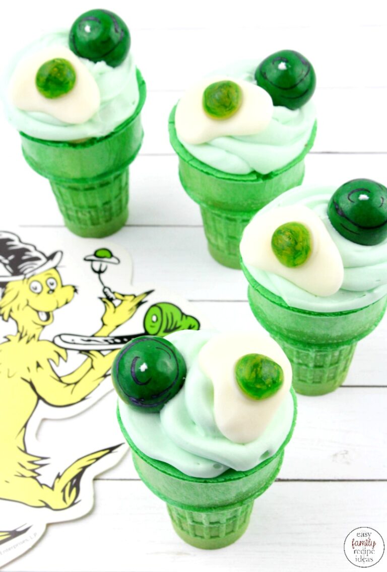 Dr Seuss Green Eggs and Ham Cupcakes in an Ice Cream Cone