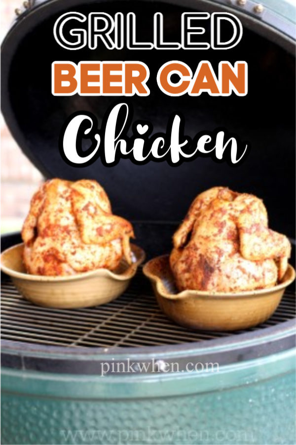 Seasoned grilled chicken on beer can chicken roasters on a grill. 