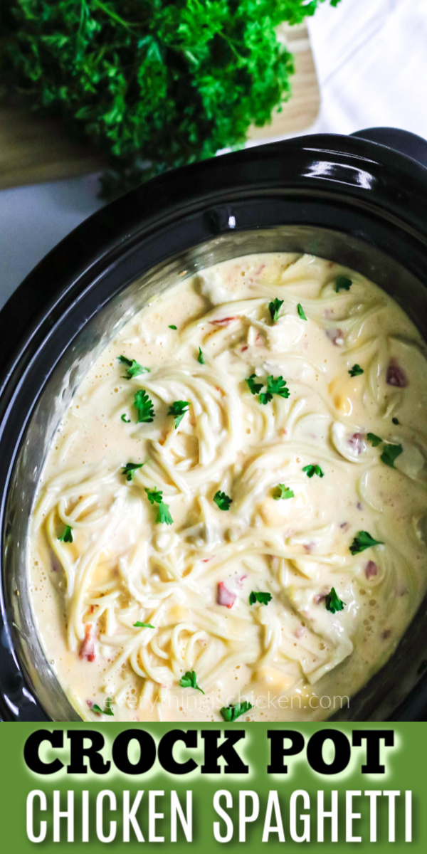 Crock Pot Chicken Spaghetti made in the slow cooker is one of my favorite family recipes. This creamy chicken spaghetti is made with shredded chicken, pasta, cheese, and more. It’s the perfect weeknight recipe that the whole family will devour.