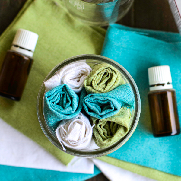 Homemade Disinfecting Wipes in a glass jar.
