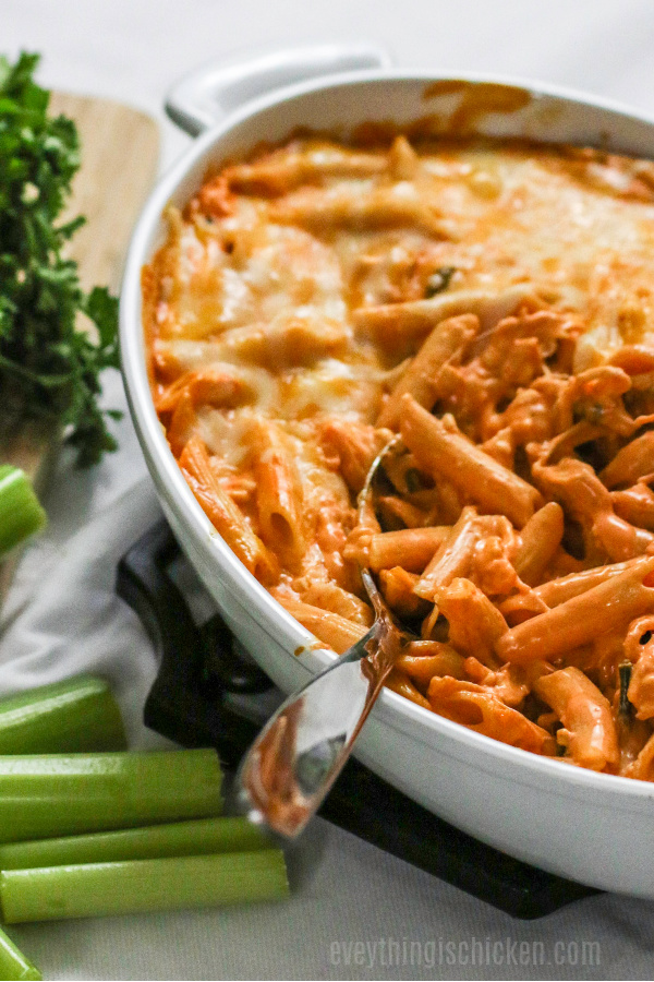 Buffalo Chicken Pasta in a white serving dish.