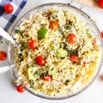 Italian pasta salad in a dish and ready to serve.