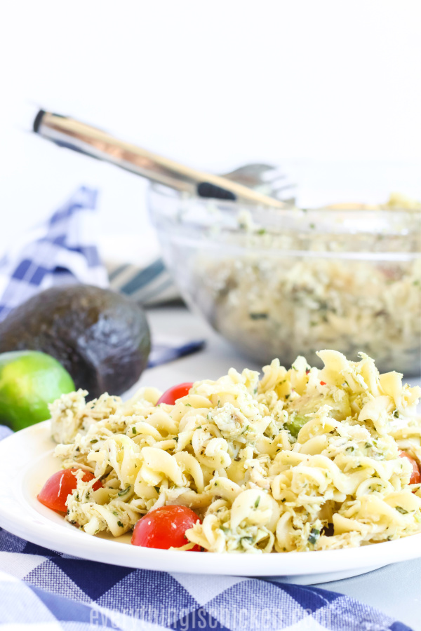 Italian Chicken Pasta Salad served on a white plate.