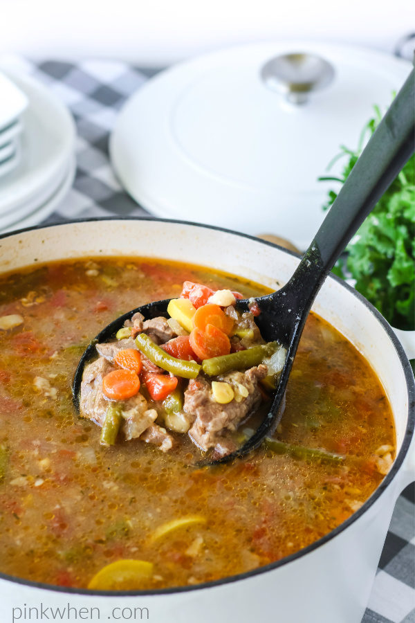 Vegetable Beef Stew in a large pot scooped into a ladle. 