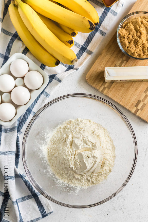 Ingredients to make a moist banana bread recipe. 