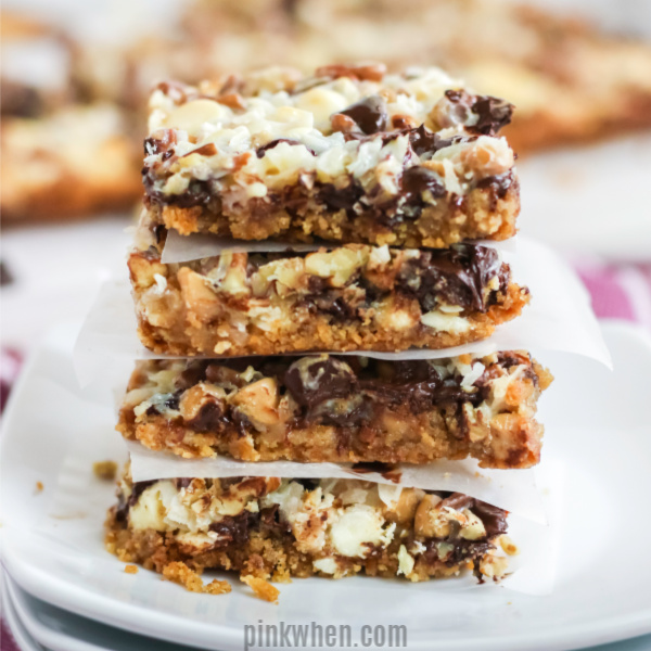 Stacked Magic Cookie Bars ready to serve.