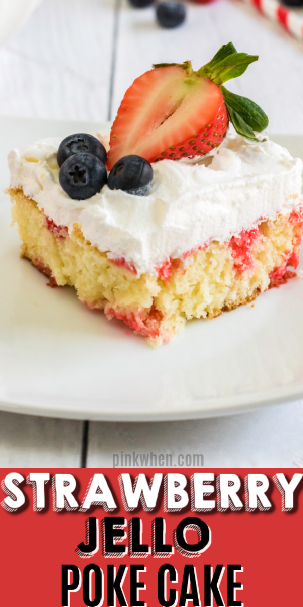 This Strawberry Poke Cake is one of my favorite, easy, dessert recipes. Made with a moist white cake mix, strawberry gelatin mixture, whipped cream, and strawberries to top it off. It’s a light and fresh cake your whole family is sure to enjoy.