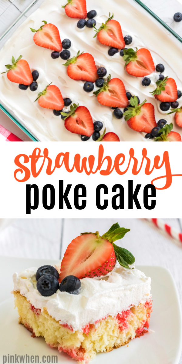 This Strawberry Poke Cake is one of my favorite, easy, dessert recipes. Made with a moist white cake mix, strawberry gelatin mixture, whipped cream, and strawberries to top it off. It’s a light and fresh cake your whole family is sure to enjoy.