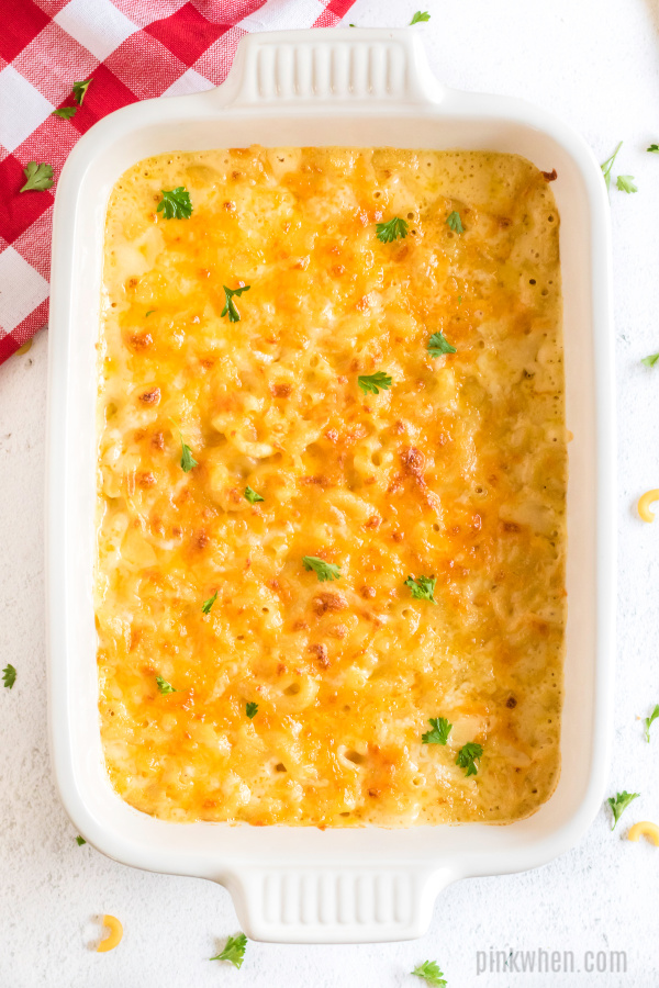 Baked macaroni and cheese in a casserole dish.