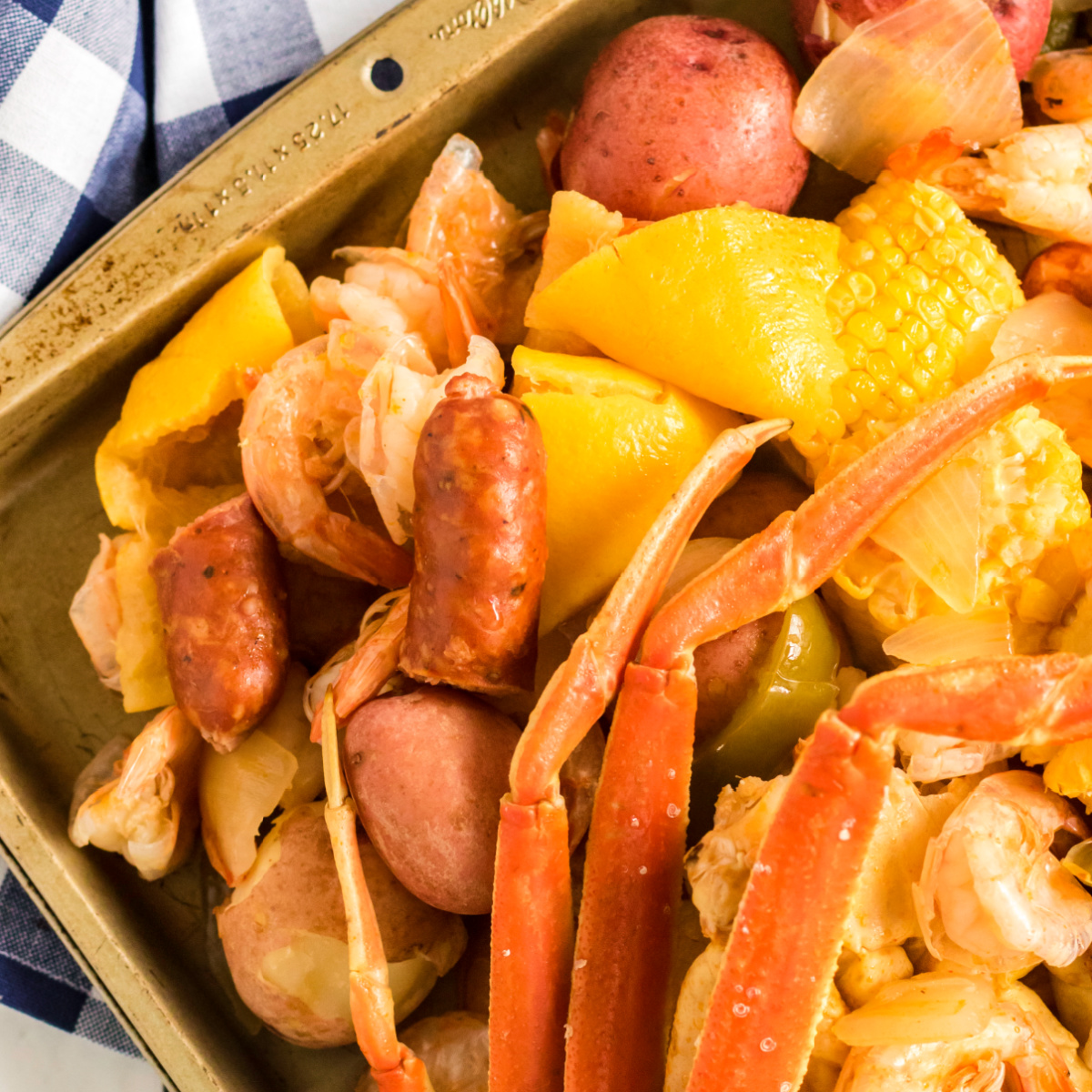 Cajun Seafood Boil on a tray and ready to eat.