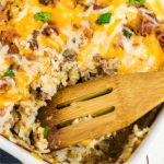 Cheeseburger casserole scooped to serve.
