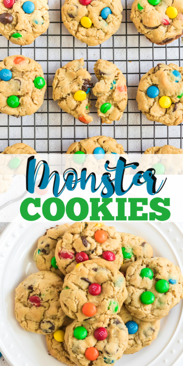 Monster cookies are made with all of my favorite ingredients! Oats, peanut butter, chocolate chips, M&M's, brown sugar, and more. This chewy, delicious monster cookie recipe is one that gets gobbled up so fast you should consider doubling the recipe.