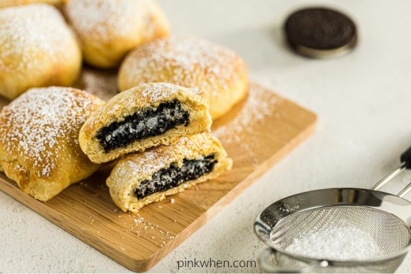 Fried oreos from the Air Fryer on a cutting board. 