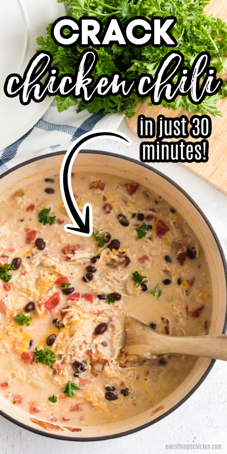 Crack chicken chili is made with freshly shredded chicken, vegetables, and the perfect blend of seasonings. It's a quick and easy weeknight dish that can be made at the spur of the moment or easily made and stored for future use.