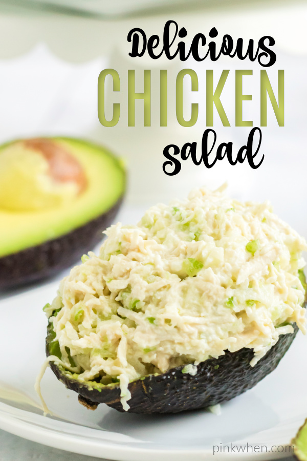 Chicken salad on a sliced avocado. 