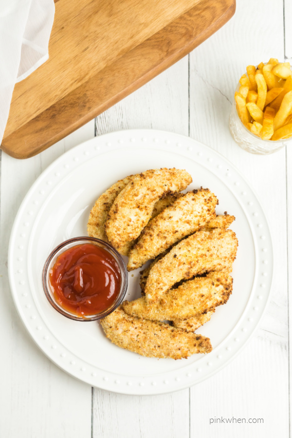 Air Fryer Chicken Strips on a plate and ready to serve.