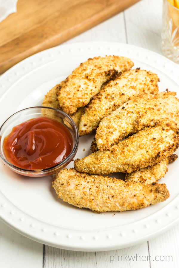 Air Fryer Chicken Strips cooked and ready to eat. 